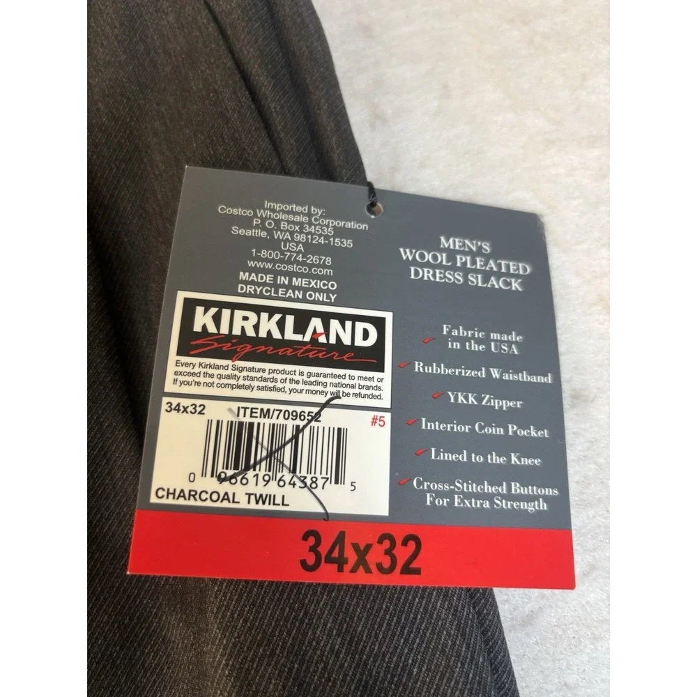 Kirkland Signature Men's 34x32 Wool Pleated Cuffed Dress Slacks Charcoal Twill